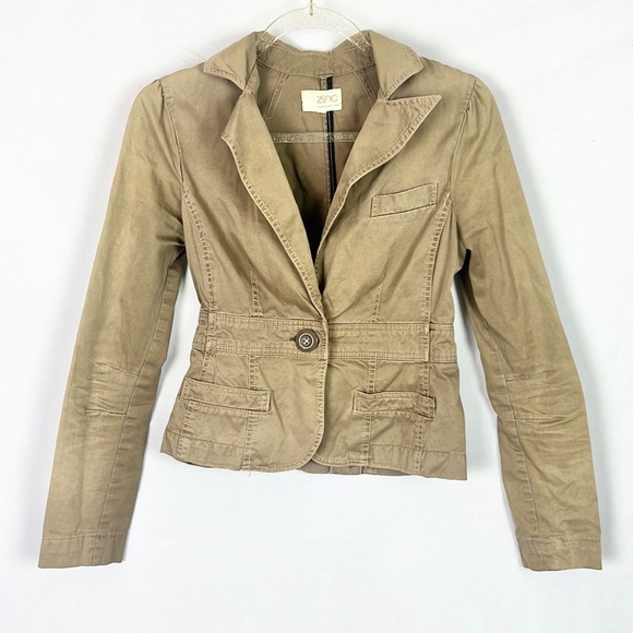 ZINC | 🤎 Light Brown Faded worn V-Nexk Blazer Style Lightweight Jacket Top - Picture 2 of 9